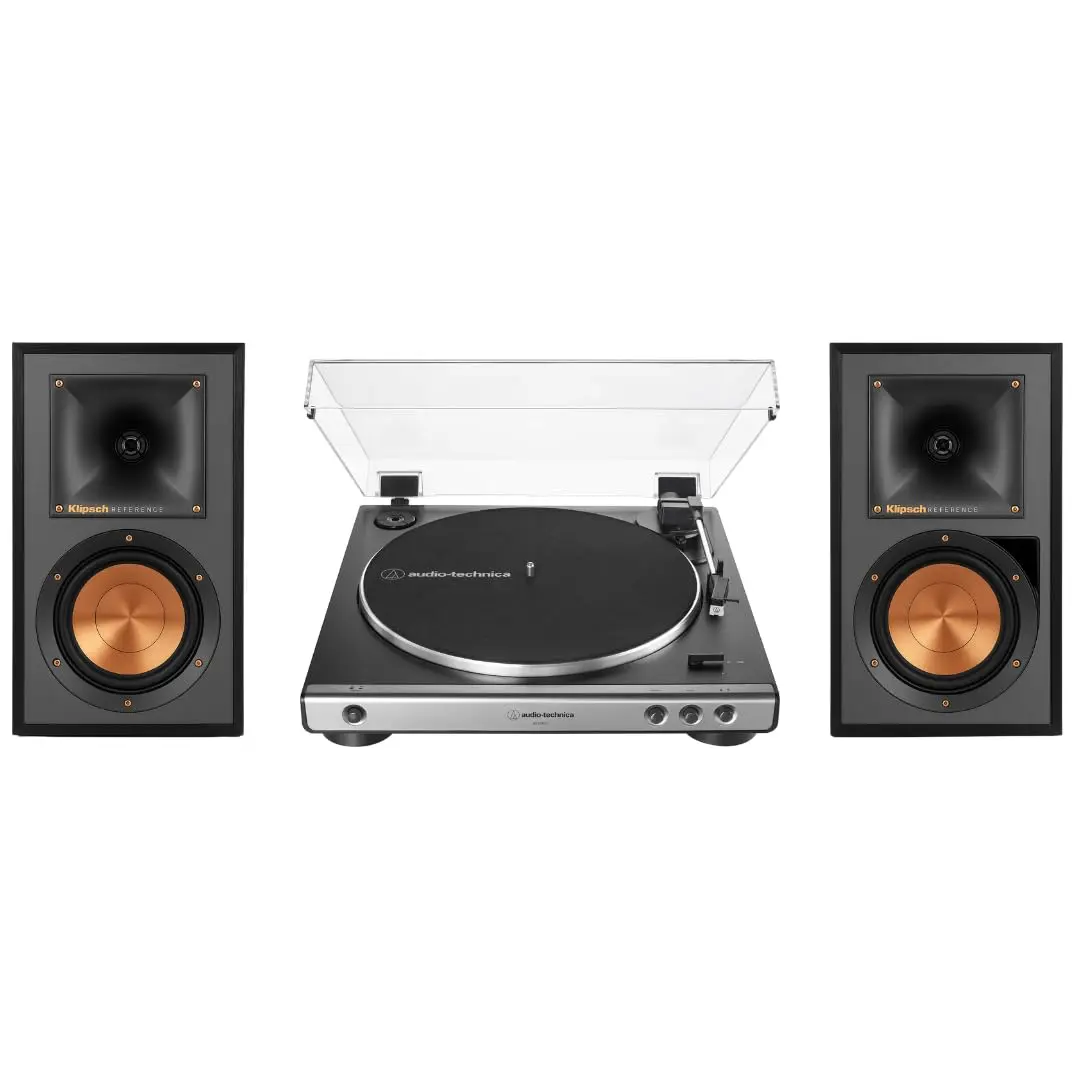 Klipsch R-51PM Powered Bluetooth Audio Speaker (Black) Bundle - Magnetic, Compact Aluminium Speaker with Amplifier, Subwoofer, Remote Control, Wired 60X-GM Fully Automatic Belt-Drive Vinyl Turntable