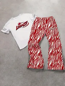 American High Street 2-Piece Set: Distressed Blue-and-White Zebra-Print Racing-Style Short-Sleeve T-Shirt + Curved-Leg Wide-Leg Sweatpants