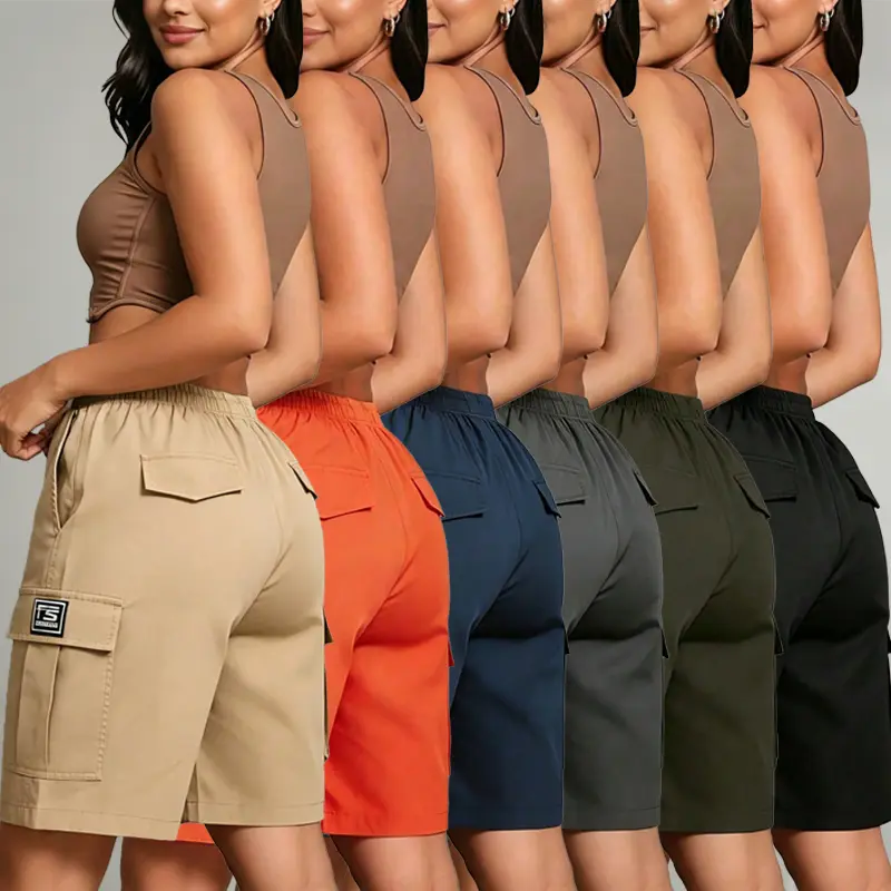 Women's 6 pack quick dry cargo shorts  multi pocket design, drawstring elastic waistband, loose lightweight fit for outdoor casual streetwear; side fabric label style; lightweight outdoor walking/hiking pants.