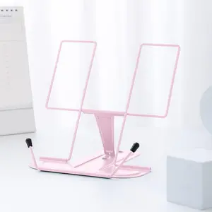 Metal Book Stand for Desk, Adjustable Reading Rest Book Holder, Portable Cookbook Documents Holder, Sturdy Typing Stand for Recipes Textbooks Tablet Music Books with Page Clips (Macaron )