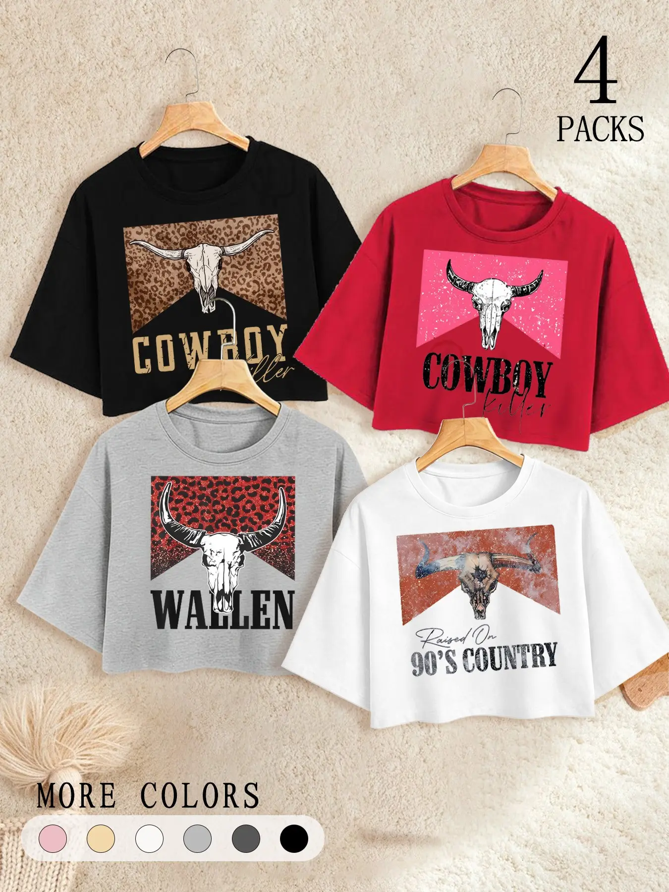 4 Packs Women's Western Cropped T-Shirts, Cowboy Bull Skull Graphic Tees, Casual Loose "Cowboy Killer / Wallen / 90's Country" Print Crop Tops, Retro Y2K Aesthetic Vibe Baby Tees for Summer, Vacation, Country Concert and Daily Streetwear Womenswear