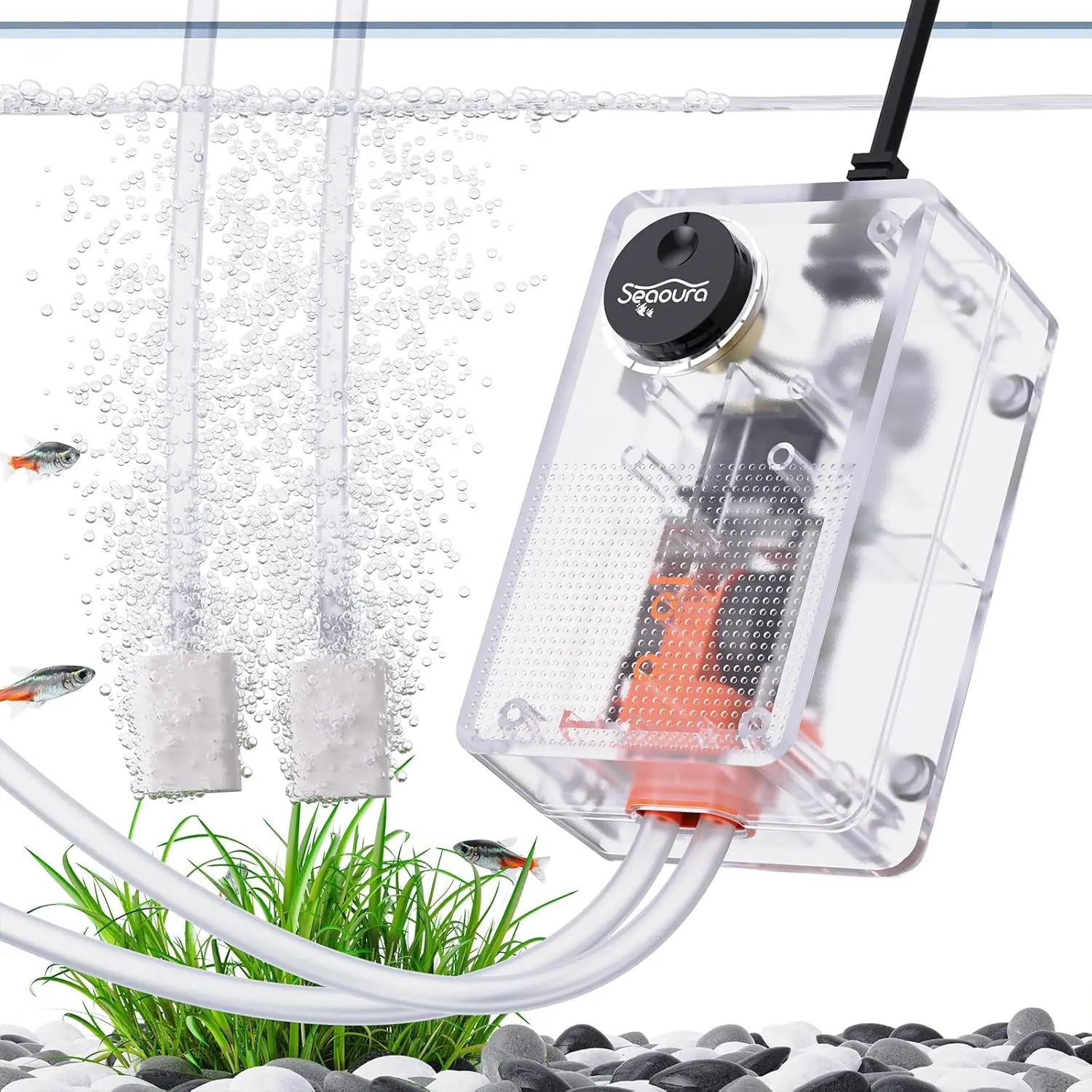 Seaoura Aquarium Air Pump - Silent Operation with Silicone Base, Easy Adjustment, Oxygen Supply, 2W/3W/10W for 5-300 Gal Tanks, Air Stone, Tubing, Water Circulation Tool, Submersible Aerator Accessory, Water Circulation Pump