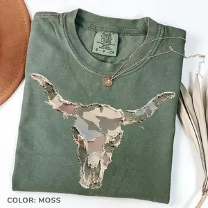 Comfort Colors Camo Longhorn Skull Patchwork Tee, Western Cow Skull, Quilted Farm Animal Head Tee, Gingham Floral Rustic Cow Lover Shirt, Printed Shirt