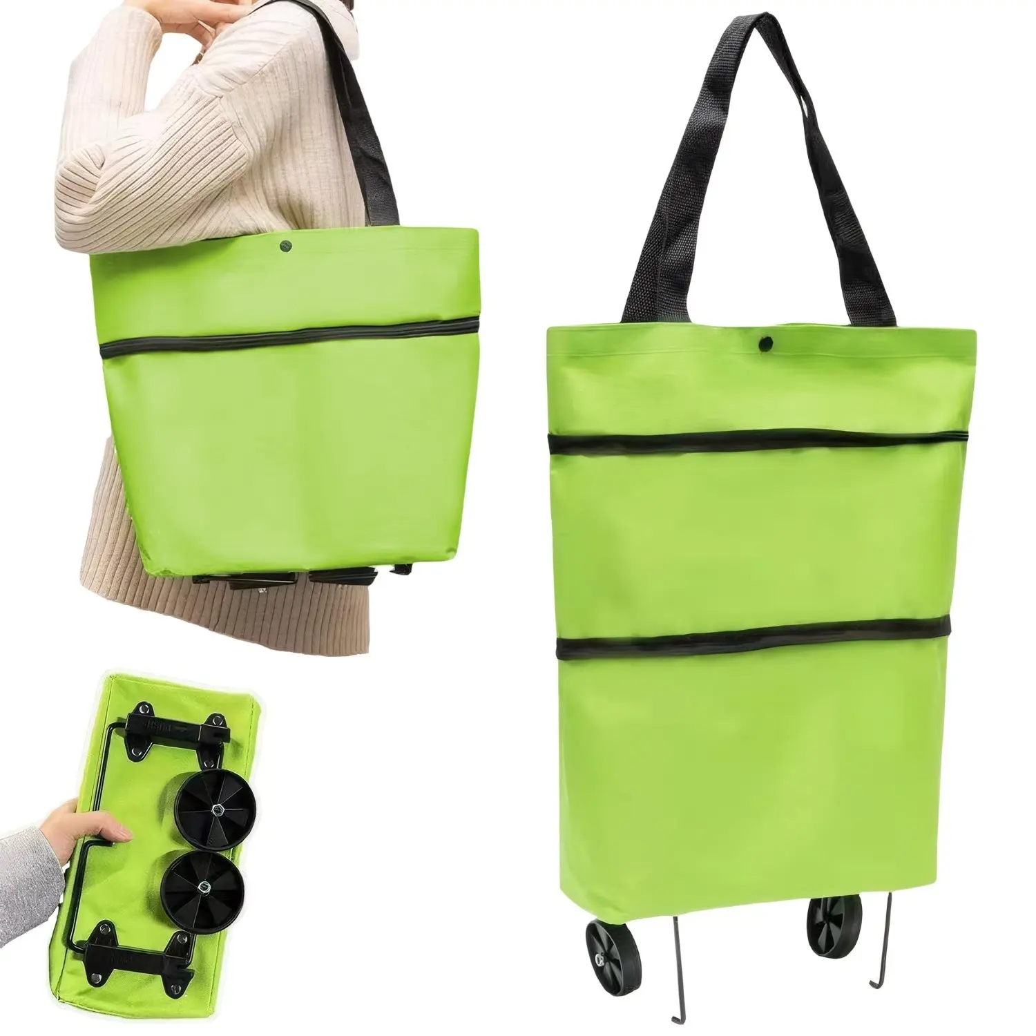 2-in-1 Foldable Shopping Cart with Wheels, 55.12LB Capacity, Collapsible Design, Waterproof Oxford Travel Bag for Groceries