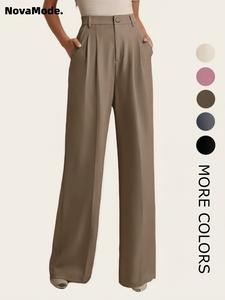 women's solid pocket pants, casual comfy trousers for work office business daily wear, ladies bottoms for all seasons, womenswear, wide legged pants, casual fashion trousers, casual chic trousers, high waist bottom