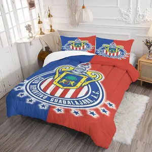Chivas de Guadalajara Comforter Set (2/3-Piece, 1 Comforter + 1-2 Pillowcases, No Pillow Inserts), Team Crest & Split Red-Blue Stripe Print, Soft Microfiber, Decorative Bedding Set, Soccer Fan Bedroom Decor, Ideal Gift for Supporters