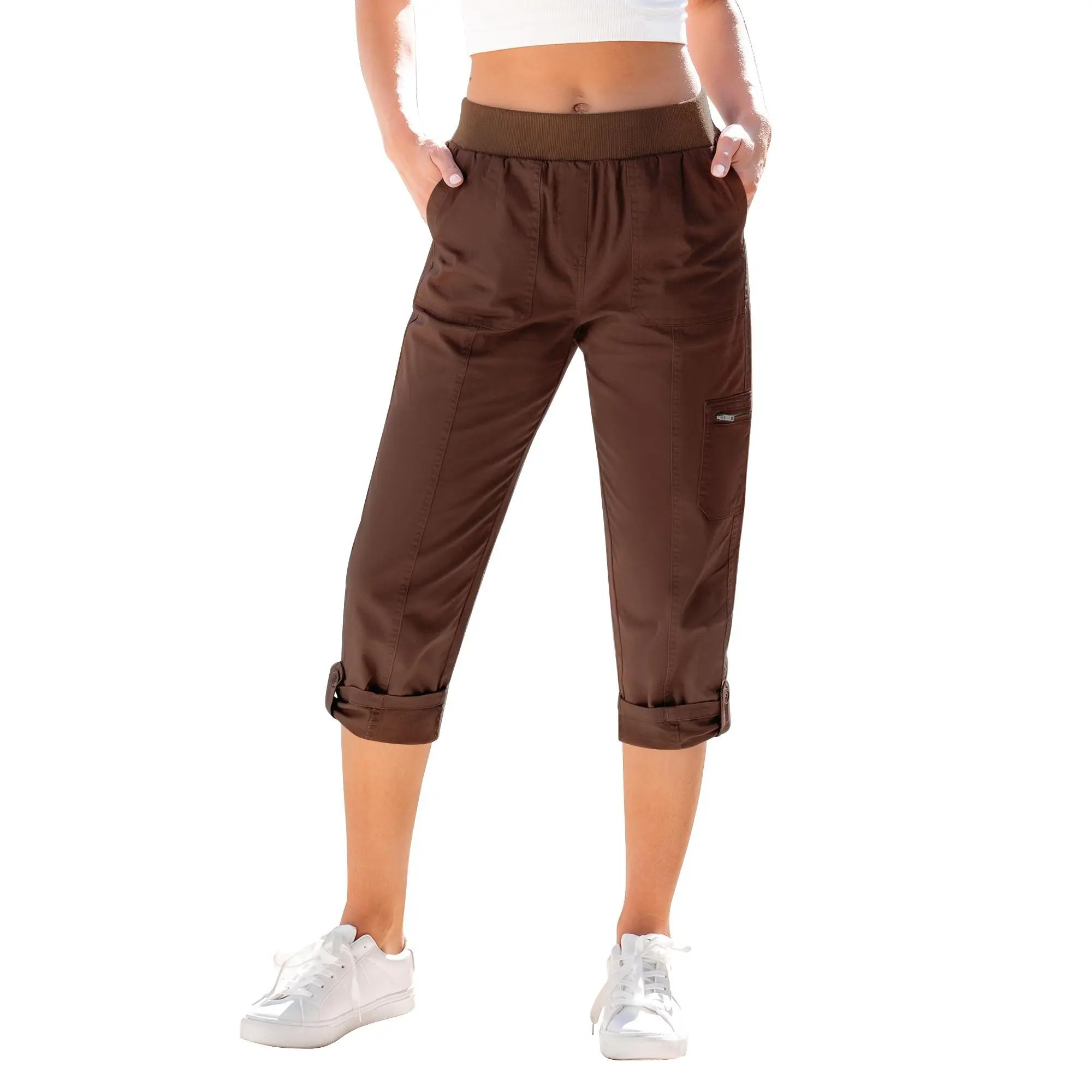 GRAPENT Women's High-Waisted Capri Cargo Pants, Casual Pull-On Stretch Twill Summer Trousers with Flap Pockets, Casual Cargo Style, Capri Pants Outfit, Stretchy Pants