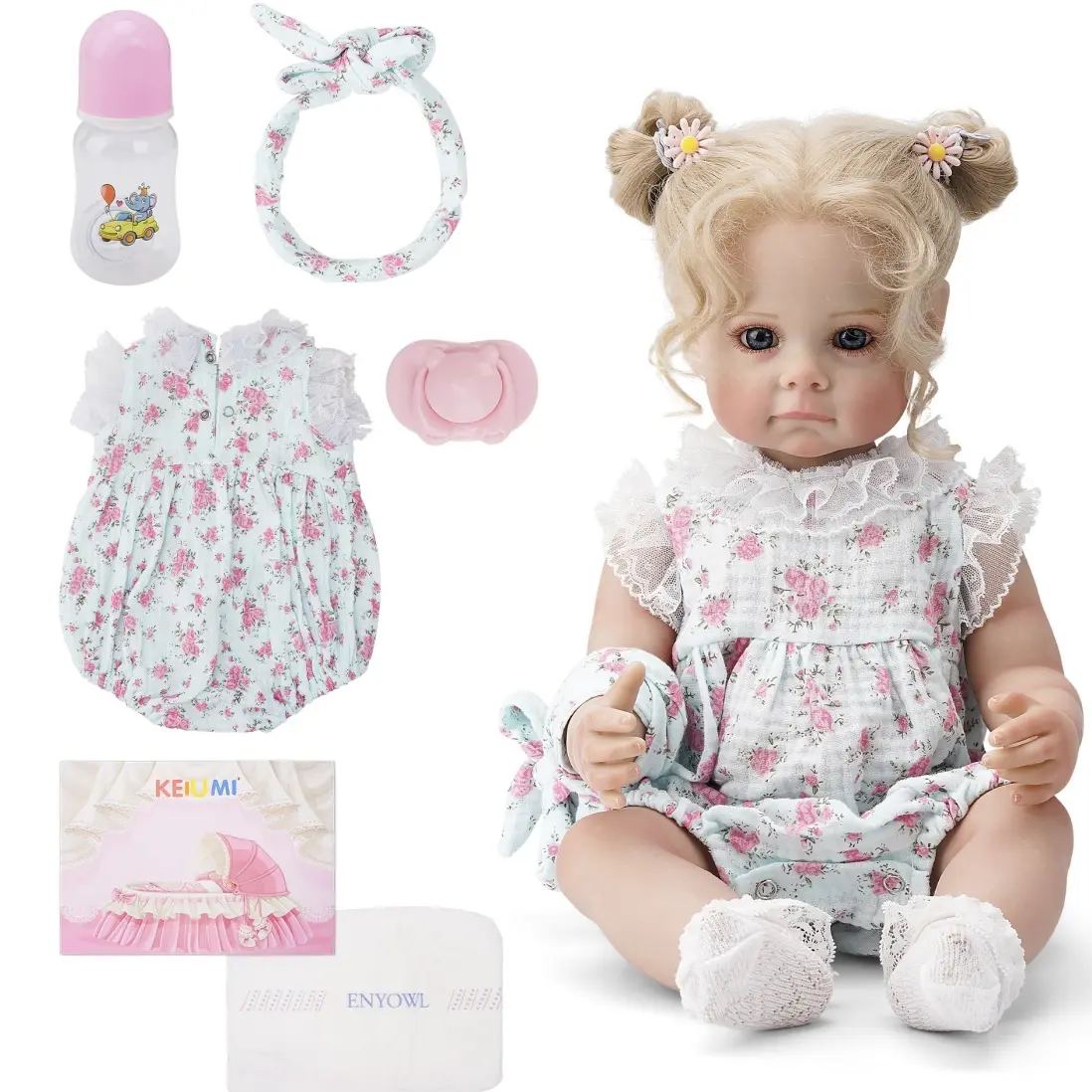KEIUMI 22-in Full Body Silicone Lifelike Newborn Reborn Baby Doll, Silicone-Vinyl Soft Doll with Real-Baby Eyes, Long Eyelashes, Smooth Finish, Blue Fairy Dress, Collectible Learning Gift for Girls (Ages 3+, House Decoration)