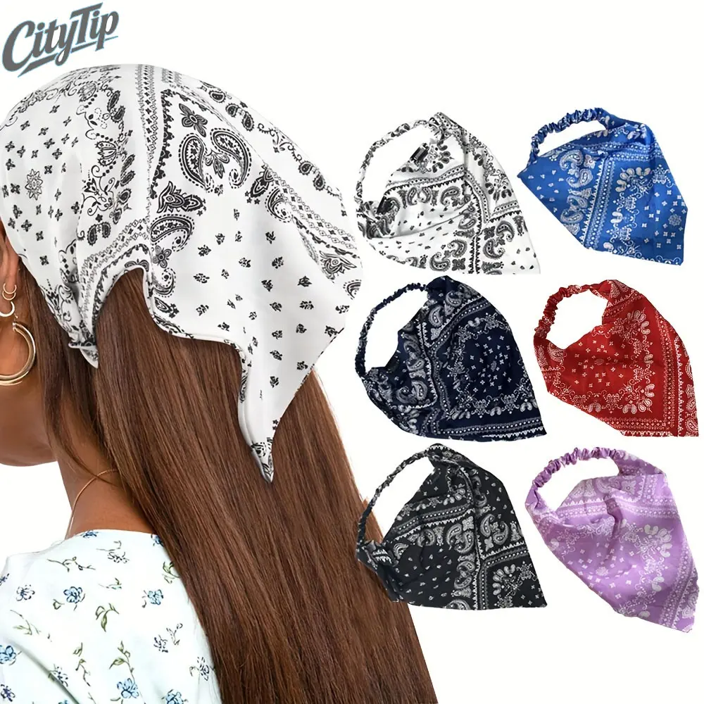 Women's Sports Headbands (3/6PCS Multiple Packs) - Classic Cashew Flower Paisley Print Triangle Shape Scarf Headband, Elastic Bands No-Slip Bandana for Daily Outfit Matching, Available in White, Navy Blue, Black