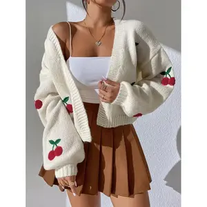 Casual Loose Cherry Embroidery Lantern Sleeve Cardigan Long Sleeve Drop Shoulder Regular Fit Winter Beige Fruit&Vegetable Pattern