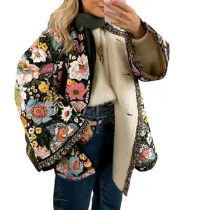 Women’s winter loose quilted jacket with floral print, button-down long sleeves, padded coat—warm outerwear; casual jacket (2025); ladies’ jacket for indoor/outdoor wear; women’s clothing for daily wear; polyester puffer pullover jacket; tops.