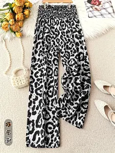 Women's Leopard Print Wide Leg Pants Patched Elastic Waist Casual Lounge Pant Loose Trousers