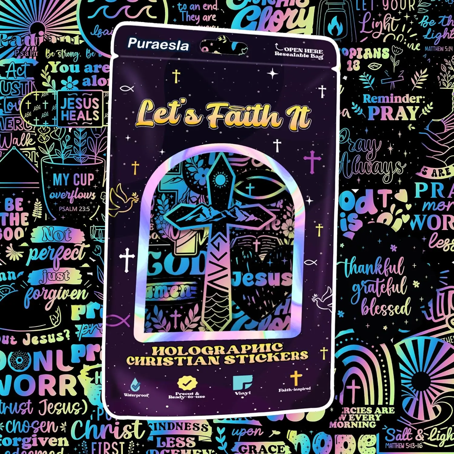 100 PCS Holographic Christian Bible Verse Stickers, Let's Faith It By Puraesla - Lumina Series - Scripture Celestial Religious Stickers for Journaling & Decor Laptop, Phone, Water Bottle