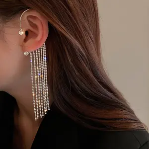 Shiny Long diamond-studded tassel ear cuffs for women, DDES0245 niche design, C-shaped ear clips, non-pierced, Chinese style earrings, 14K gold-plated
