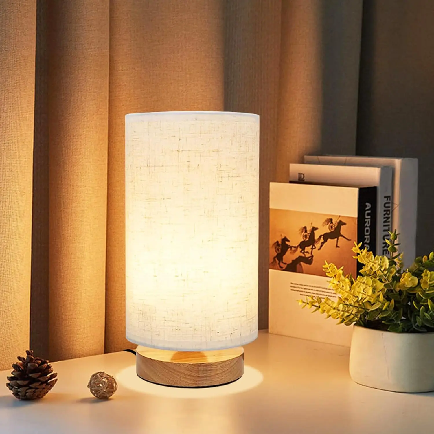 Compact Wooden Table Lamp - Minimalist Wood Base, Round Fabric Shade, Cozy Warm White LED Light for Bedroom Nightstand, Work Study Desk, Nursery