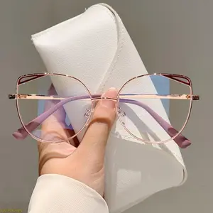 2026 Trending Female Cat-Eye Hollow Metal Eyeglass Frames, High-Quality Stylish Minimalist Semi Rimless Blue-Light Blocking Lens Non-Prescription Computer Eyewear,summervibes