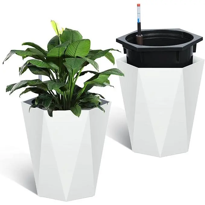 2-Piece Planting Pot, 16 Inches High, Self-Draining Plant Pot with Water Level Indicator and Drainage Holes, Suitable for Large Indoor/Outdoor Planting Pots in Living Rooms, Bedrooms, Offices, Patios, Porches and Gardens - White