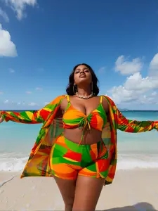 Women's Plus Size 3-Piece Colorblock Bikini Bathing Suit Set - Ruched Tummy Control High-Waisted Swim Bottom, Geometric Print Swim Top, Stretch Fabric Tankini Cover Up, for Sports Use (Plus Size Clothes, Women's Swimsuits)