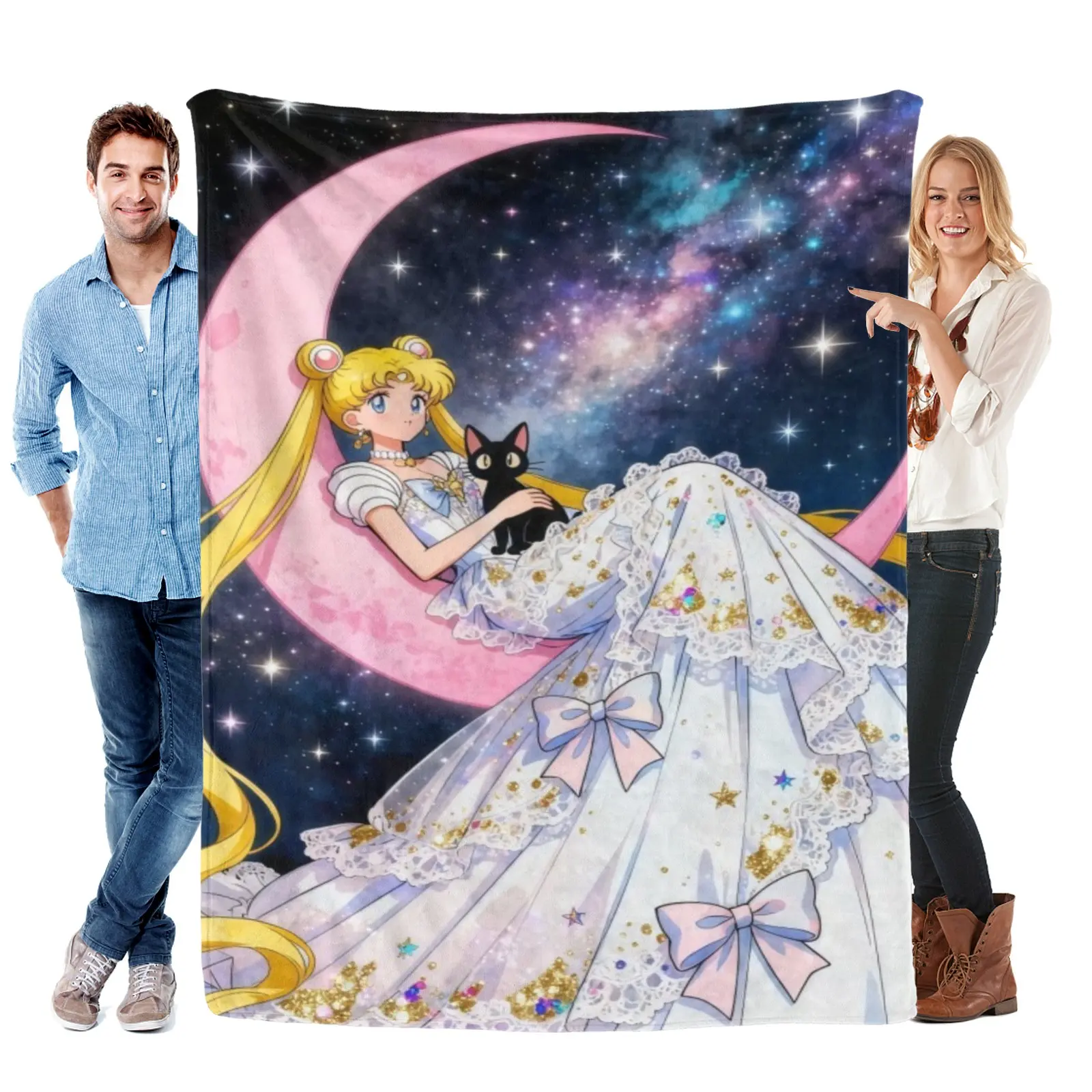 Sailor Moon Blanket, Lace Glitter Wedding Gown Usagi And Luna Plush Blanket, Star Galaxy Layout, Sweet Anime Gift For Manga Collectors
