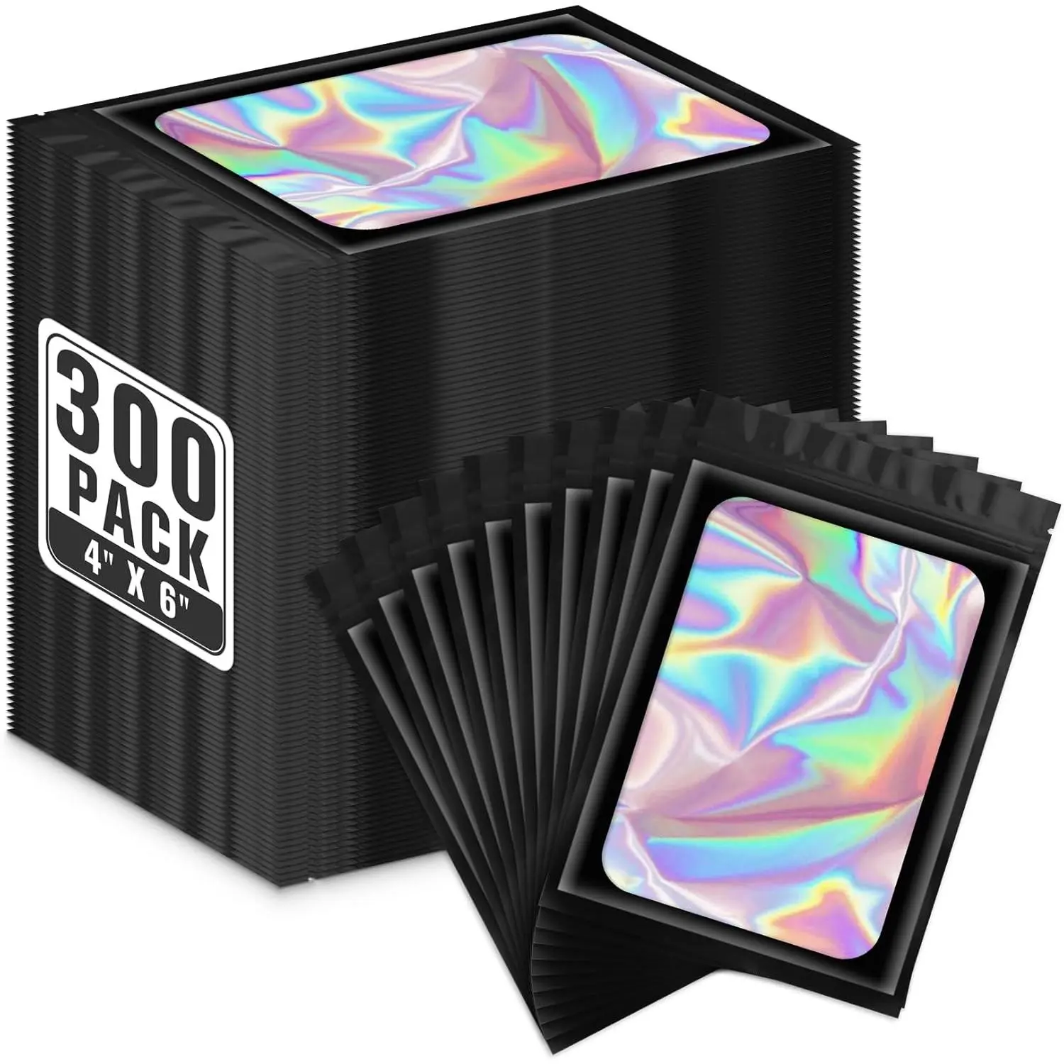 300 Pcs Holographic Resealable Mylar Bags, 4x6 Inch Resealable Bags for Small Business, Smell Proof Hangover Kit Bag, Foil Zipper Pouches with Clear Window for Food Storage Party favor(Black)