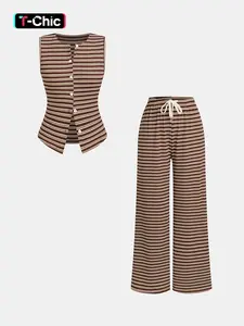 2 Piece Women's Striped Sleeveless Top and Wide Leg Pants Set, Casual and Comfortable for Spring and Summer, Cami Top Set
