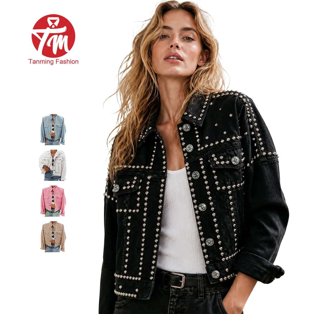 Tanming Women's Western Denim Jacket, Rhinestone & Pearl Studded Distressed Long Sleeve Button Down Coat with Pockets, Coats, Outerwear, Lady, Western Elegance, Pearl Stud Glam, Tops, Minimalist