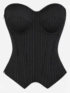 Women’s Black Pinstripe Corset Top Shapewear, Strapless Boned Bustier, Slim Fit Structured & Light Shaping Going Out Top