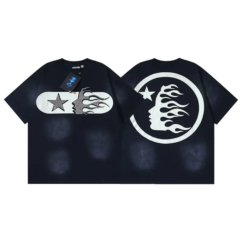 Hellstar Star Capsule Graphic T-Shirt, Crystal Flame Profile Chest Artwork with Oversized Circle Face Back Print, Heavy Cotton Washed Black Loose Tee for Men Women, Gothic Y2K Streetwear Fashion Accessories