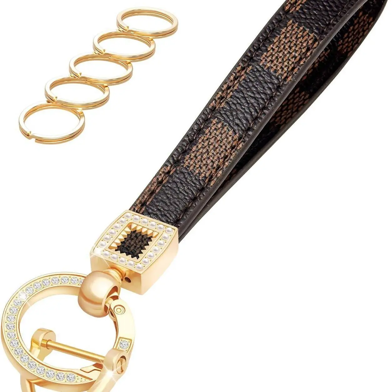 Webbing Lanyard Keychain with Gold Rectangular Rhinestone Swivel Anti-Loss Charm – Unisex Key Ring/Clasp