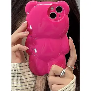 Cartoon 3D Rose Pink Bear Phone Case for iPhone 16 15 14 Plus 13 12 11 XS XS MAX XR Shockproof Protective Case Phone Protector Shockproof Phone Cover