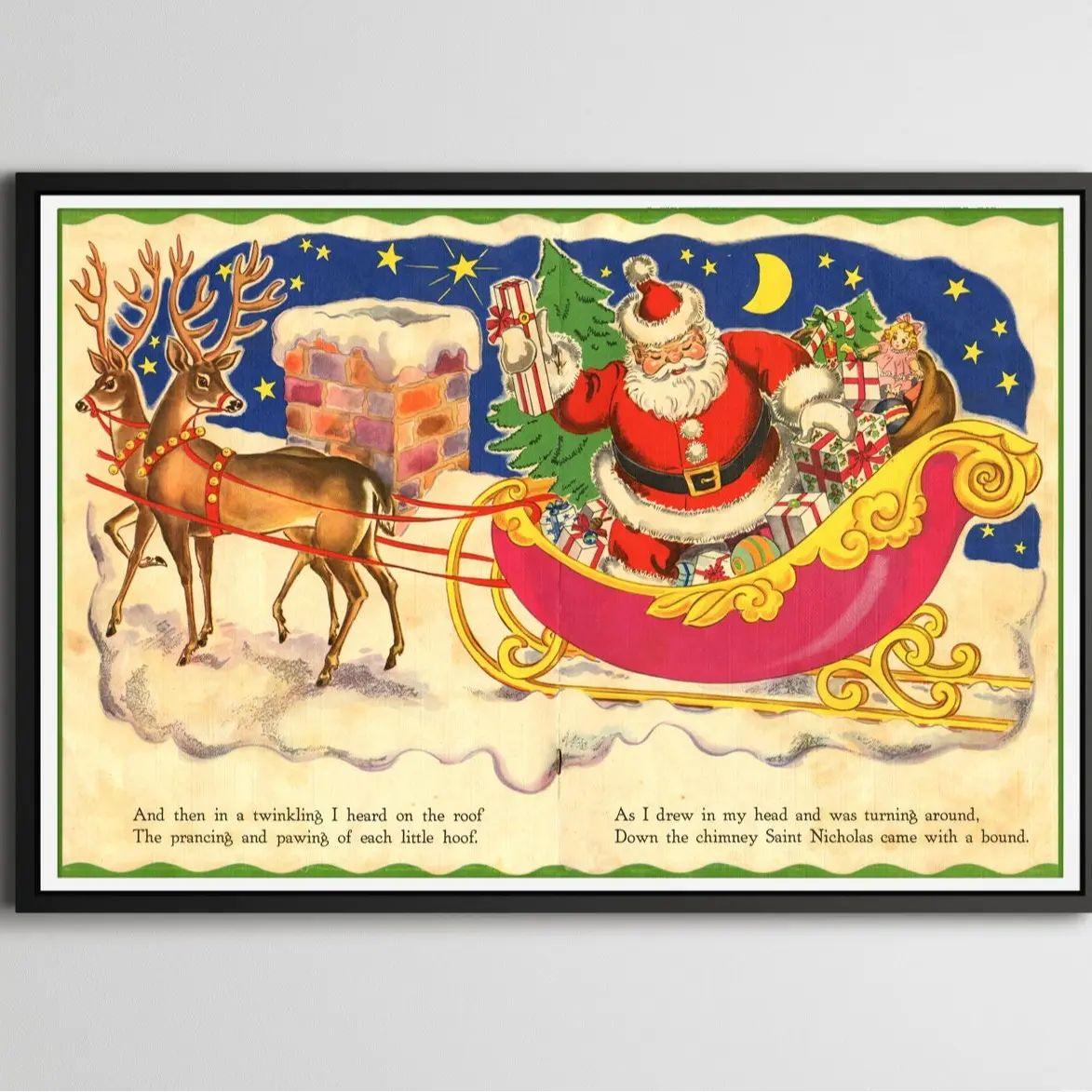 Vintage Santa Claus 'Night Before Christmas' Poster - Captivating Reindeer Art for Festive Home Decor & Collectors
