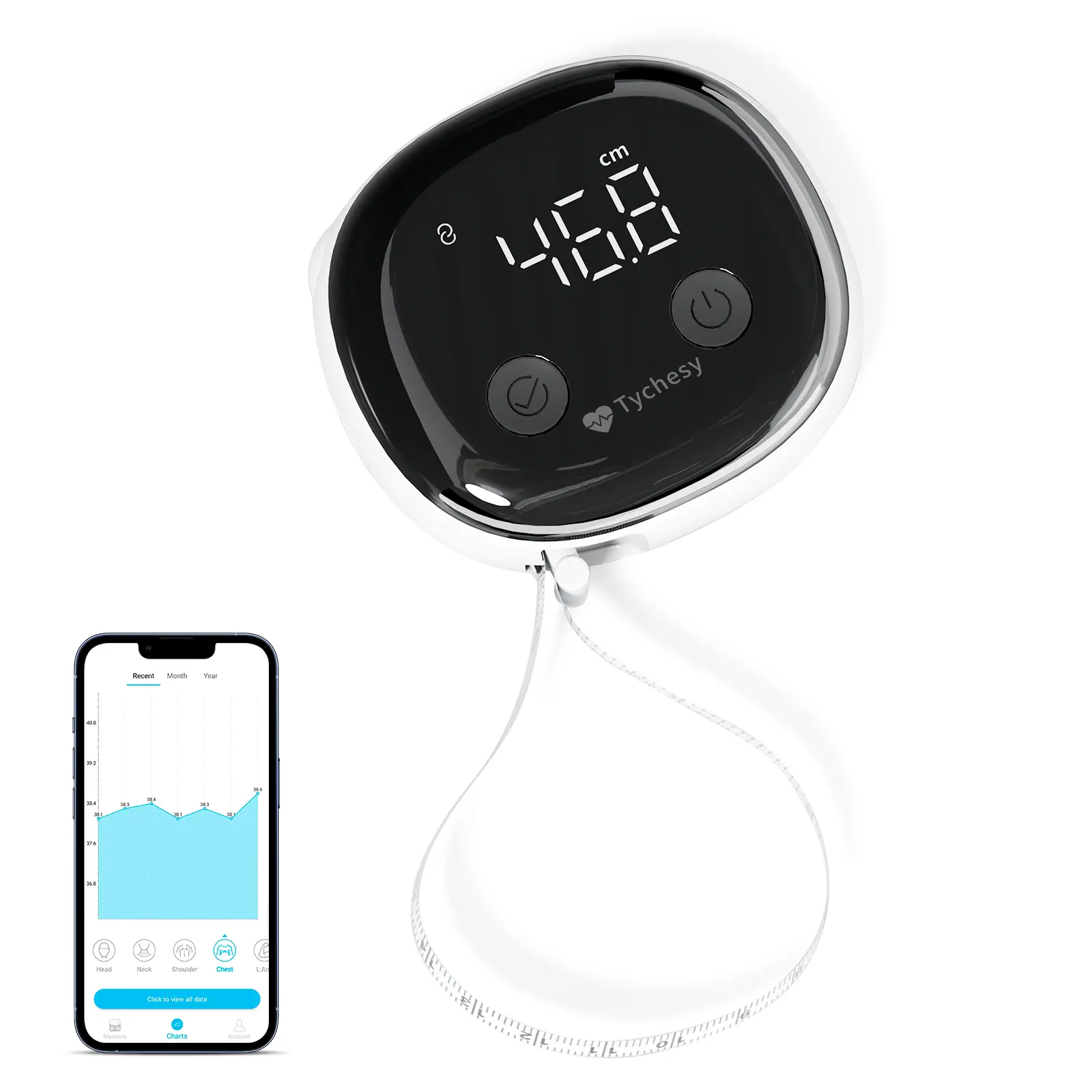 Plastic Ergonomic Smart Body Tape Measure - Bluetooth Digital Health Device with Family User Profiles, USB-C Rechargeable, LED Display, APP-Connected, Consistent Tension, 1-Hand Lock, Push-To-Retract, Instant LED Read, Measures Waist, Arms, Thighs, More