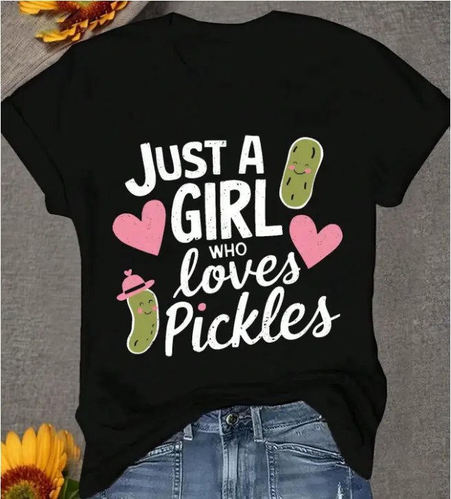 Just A Girl Who Loves Pickles Cute Cartoon Cucumber Graphic Womens Tee Daily Errands Picnic Gathering Summer Cotton Short Sleeve Heat Transfer Tshirt