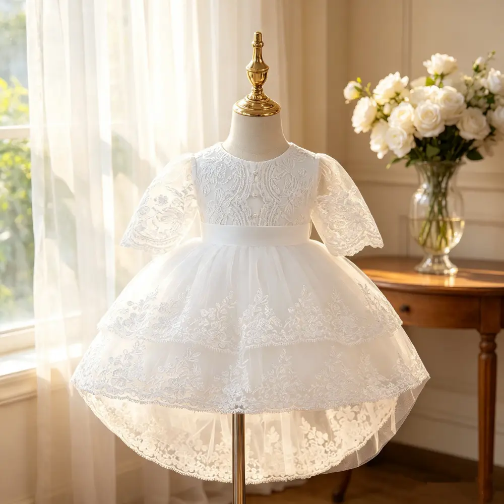Toddler Girls' Beaded Bow Lace Mesh Trailing Ball Gown Dress 3115 - Toddler Outfit with Bust+Length Sizing for Baptism, Birthday Prom, Piano Performance