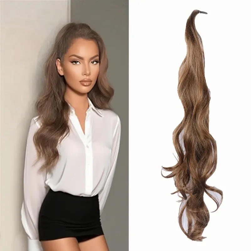 TwiceBeauty Ponytail Extension 32inch Flexible Wrap Around Hair Piece Long Wavy Curly Synthetic Hair Extensions for Women Daily Use Chestnut Brown