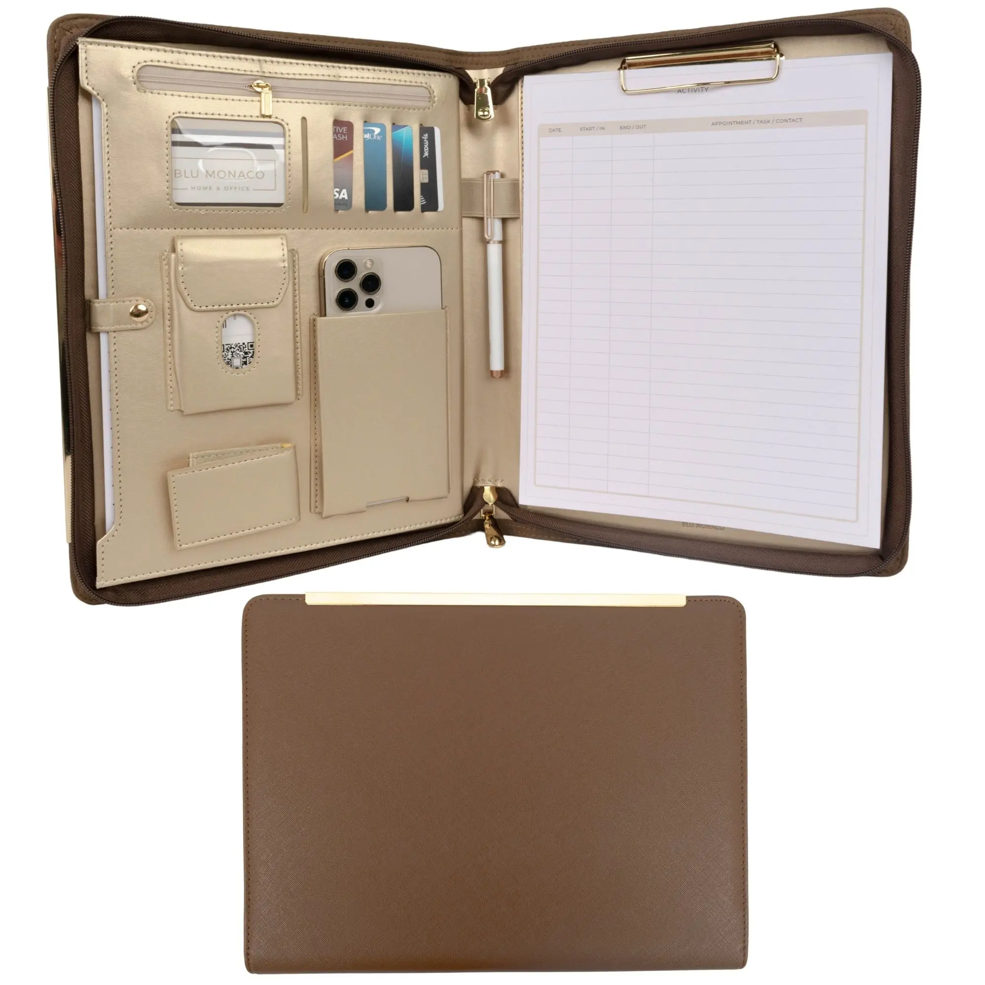 BLU Monaco Women's Vegan Leather Portfolio Binder - Premium Office Stationery Supplies, Corporate Work Desk Accessories, Gold Trimmed Zippered Document Case with Business Card Holder, Fits Laptops, 10.5"x1.5"x12.6" (Black/Brown/Peach Beige)