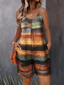 Printed Camouflage Casual Vacation Sleeveless Loose Wide Leg Women's Romper Jumpsuit, Summer, Comfortable and Stylish, Perfect for Relaxing and Leisure