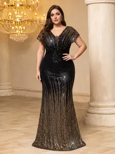 Elegant Evening Gown with V-Neck Batwing Sleeves, Glittering Sequins, Gradient Patchwork, Perfect for Formal Events, Statement, Formal Wear, Elegance
