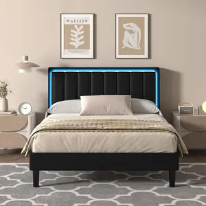 HOMBCK Upholstered Modern Bed Frame, LED Lights, No mattress, PU Leather Headboard, Wood and Metal Slats Support, Noise Free, No Box Spring Needed