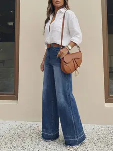 Women's Four-Season Jeans, Elegant Fitted Style, Large Pocket Design, Straight Leg, Non-Elastic Blue Denim Long Pants, All Seasons Wear, Multi Pocket Jeans, Womenswear
