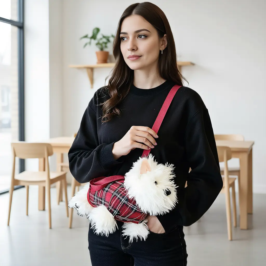 Soft Fuzzy Unisex Red Plaid Dog Plush Crossbody Bag - Cozy Vibes Hands-Free Daily Carry, Ideal for 2026 Mother's Day Gift Basket, Kawaii Casual Fashion Purse