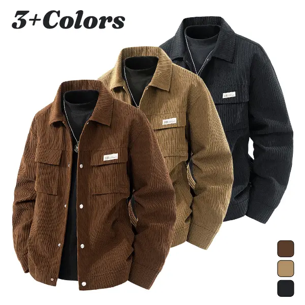Men's Corduroy Poly Jackets, Autumn-Winter Classic Retro Casual Wear, Longsleeves, Turn-Down Collar, Button Closure, Side Pockets, 3 Colors, Street-Style Outerwear