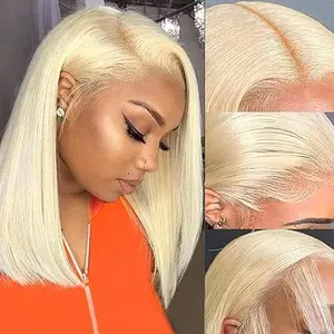 613 Blonde Bob Wig Human Hair 180% Density Short Blonde Wigs Bob Sleek Straight HD Transparent 13x4 613 Lace Front Wig Human Hair Glueless Wigs for Black Women Pre Plucked