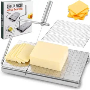 Cheese Slicer Stainless Steel Wire Cheese Cutter Adjustable Thickness Cheese Cutter Board with 30 Extra Wires for Block Cheeses