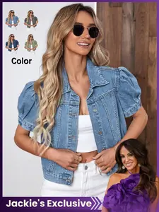 【Jackie's Exclusive】Women's Vintage Bubble Sleeve Fitted Denim Jacket, Summer Thin High Waist Crop Top, Casual Fashionable Short Jean Coat for Women