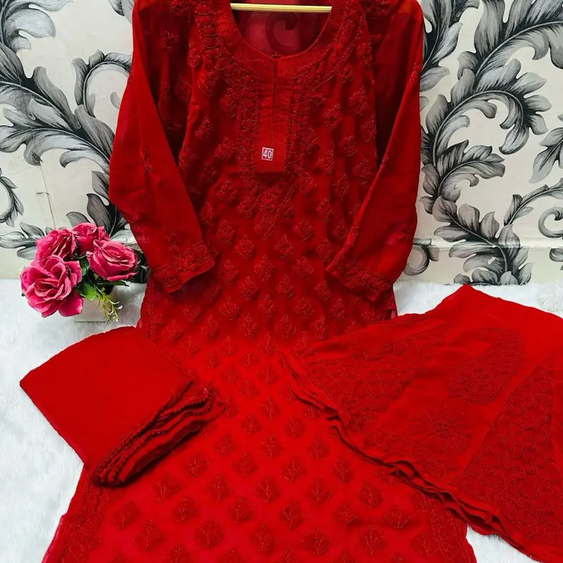 Women's Premium red Georgette Butti Jal Chikankari Set Indian Suit Party Wear Red Color Elegant Design