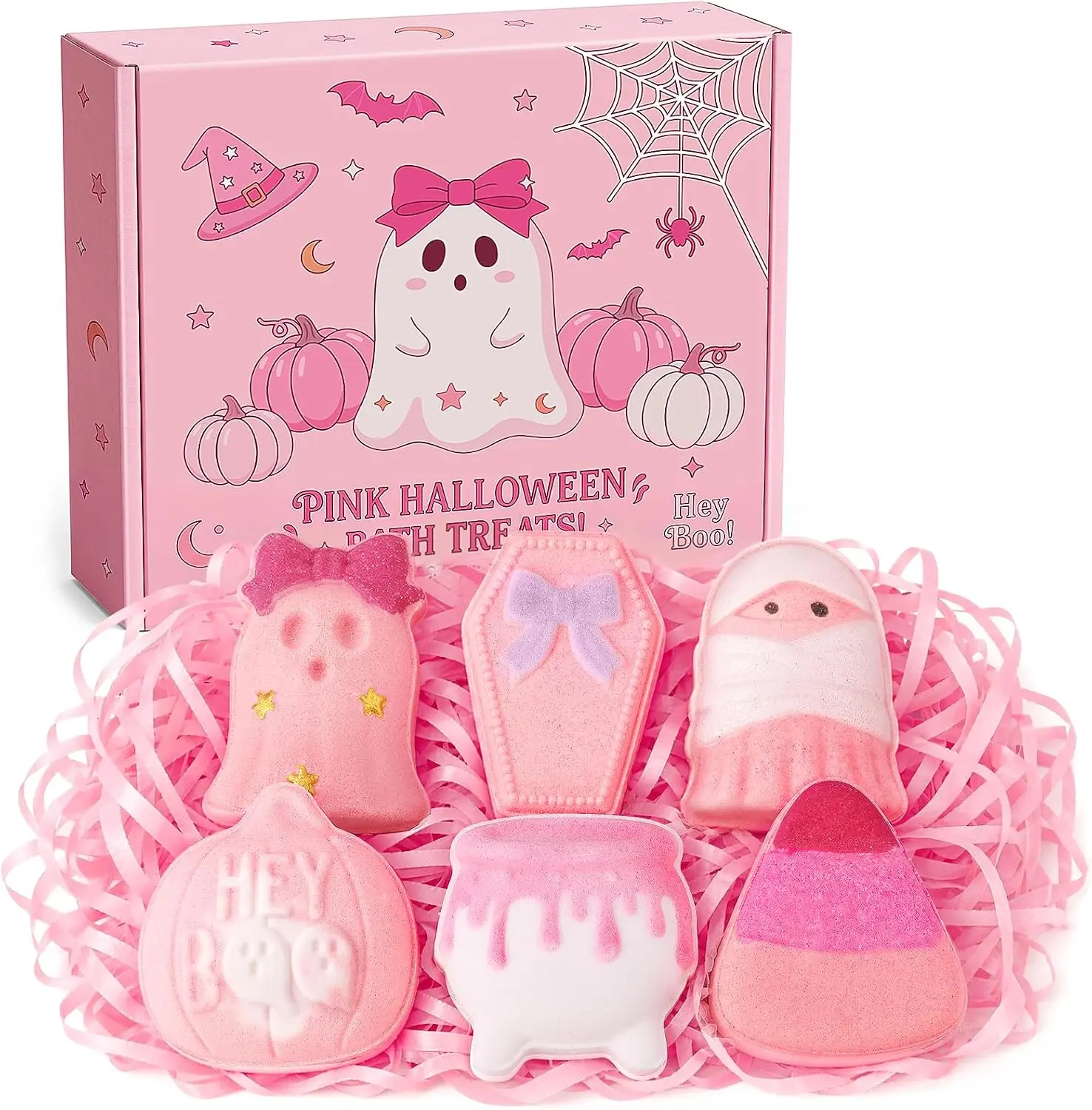 Pink Halloween Bath Bombs, 6-Pack Boo Basket Stuffers for Women, Teen Girls & Kids, Cute Pumpkin Ghost Coffin & Cauldron Shapes, Spooky Halloween Gifts, Bubble Bath