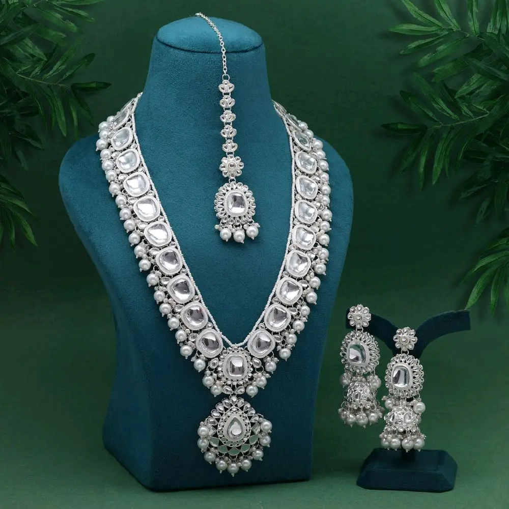 Long Mala Necklace with Jhumka Earrings Tikaa Kundan Stones Encircled by Meenakari, Elegant Design, Traditional Style