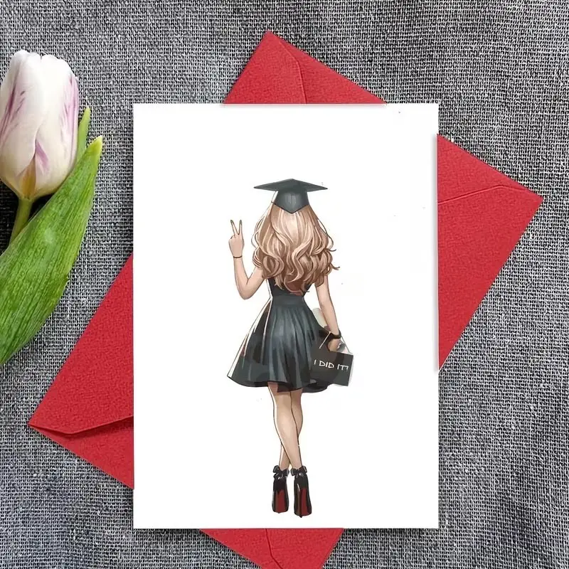 1pc Graduation Celebration Card + 1 Envelope | Cute Back View Illustration with Graduation Cap, Ideal for Graduation, Advancement or New Job Achievements, Card Design