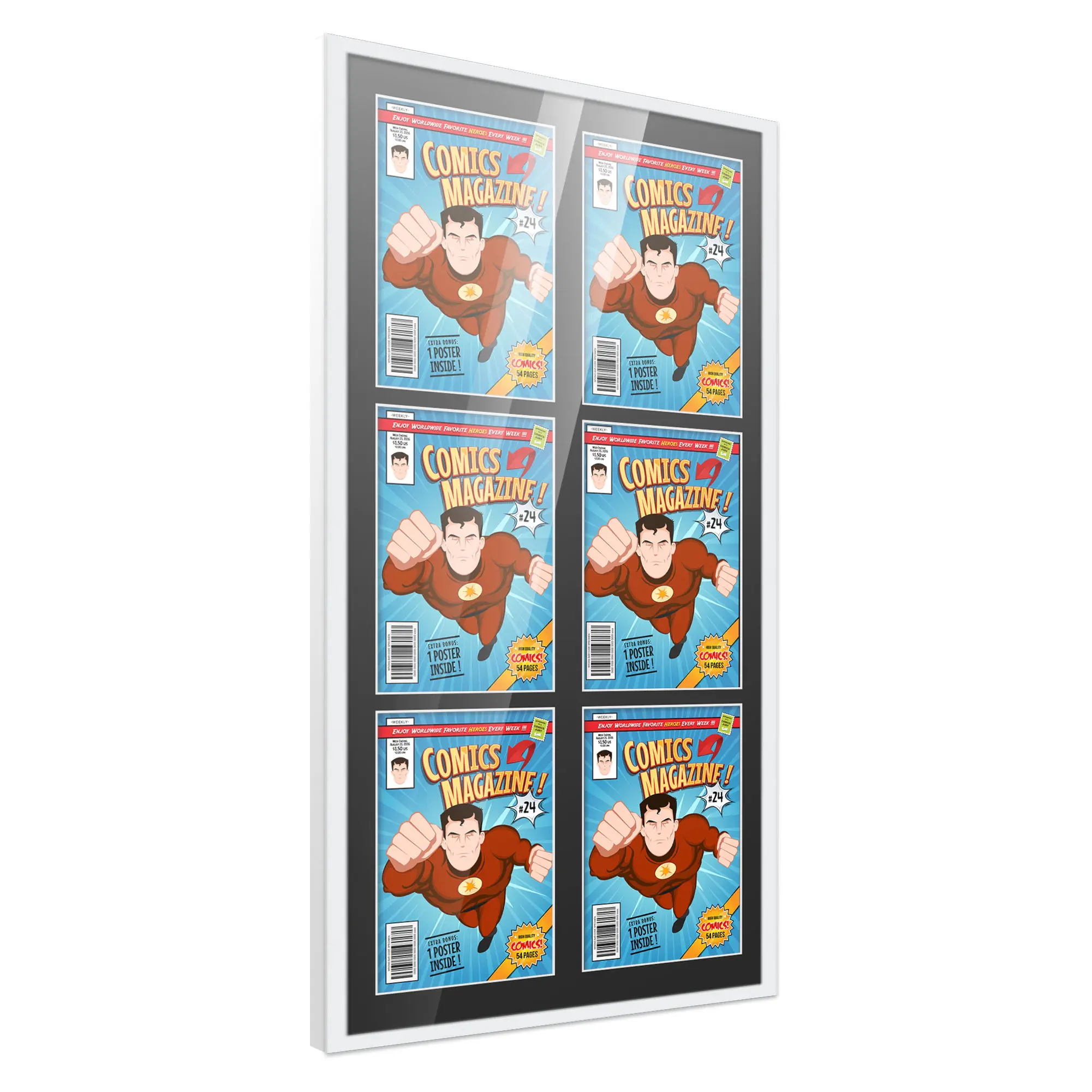 Comic Book Frame with Mat for 6 Current Era Comics Published After 1985 - White Wood Comic Frame With Black Mat for 6.875x10.5 Comics - 20x38.5 Frame Size